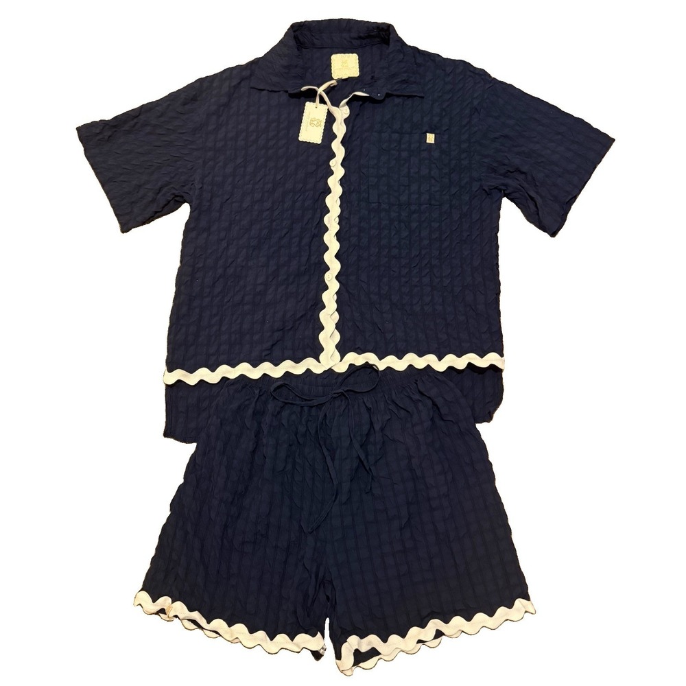 NWT! Simply Southern Navy Seersucker Pajama Set Short Sleeve Textured Trim Large